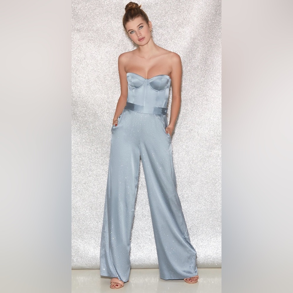 Fleur Du Mal Steel Blue Rhinestone Wide Leg Pants Size XS